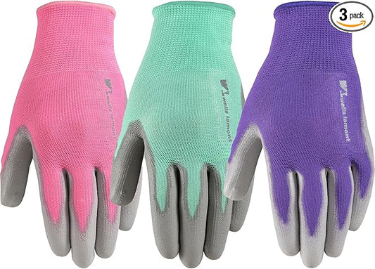 Wells Lamont Gardening Gloves for Women – Breathable Polyester, Seamless Fit – PU-Coated Palm for Grip & Durability – Elastic Wrist – Pink/Green/Purple, Medium, Pack of 3 (413MF)