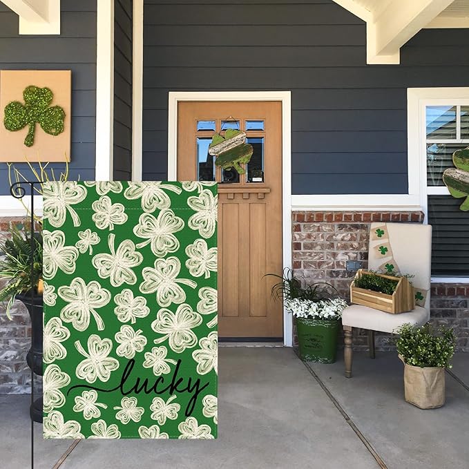 AVOIN colorlife St Patricks Day Garden Flag 12x18 Inch Double Sided Outside, Green Shamrock Lucky Clover Holiday Yard Outdoor Flag
