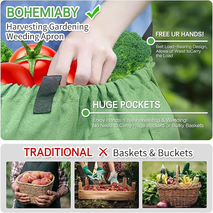 Gardening Apron Harvest Apron with Pockets, Green Garden Apron, Adjustable Waist Belt