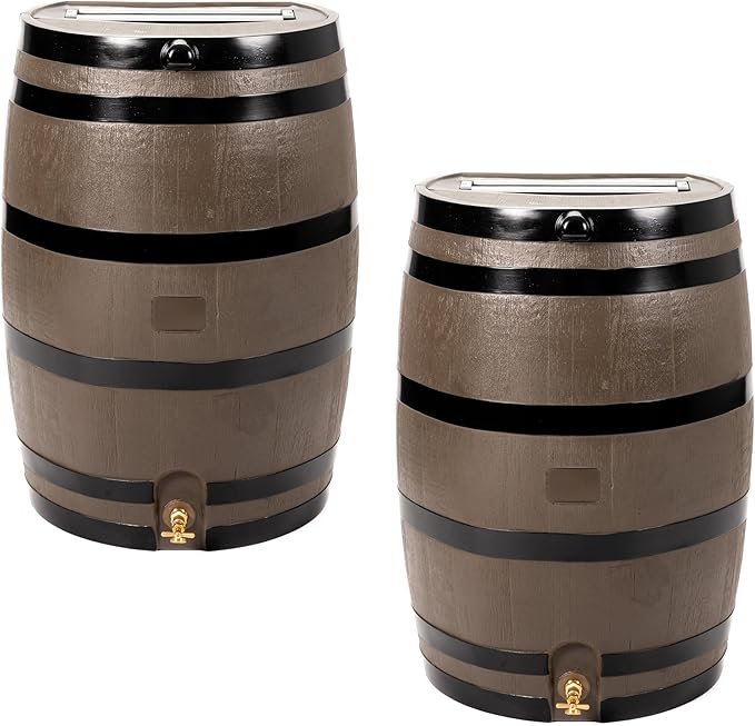 RTS Home Accents 50-Gallon Rain Barrel with Link Kit, Flat Back Rain Water Collection Barrel, Link Kit Included, Woodgrain with Black Stripes (2 Pack)