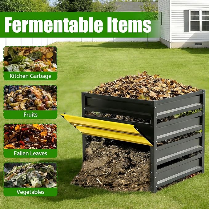 285 Gallon Compost Bin Outdoor, Metal Compost Bins with with Pull-Out Door, Galvanized Steel Sheet, Heavy Duty Composting Bin for Outside Backyard, Garden, Patio, Natural, 41(L)*41(W)*39.4(H) inch