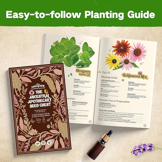 Lush&Dew Ancestral Apothecary Medicinal Tea Herb Seed Chest, 36,000+ Non-GMO Survival Seed Kit, Gardening Gifts for Women Men, 40 Types Heirloom Garden Seeds for Planting Herbs, Raised Bed Windowsill