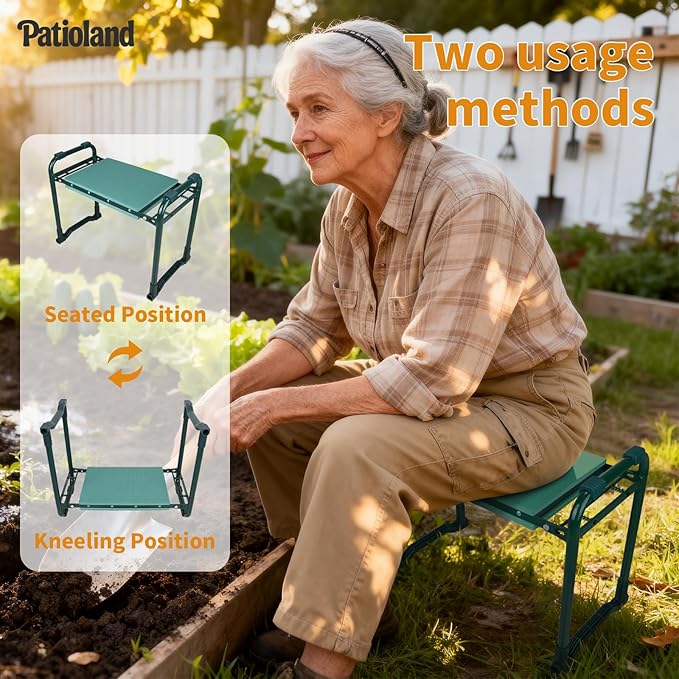 Garden Kneeler and Seat with 2 Tool Bags, 10.2" Widen Heavy Duty Thicken Soft Kneeling Pad, 2-in-1 Folding Garden Stool, Outdoor Yard Work Seat, Ideal Gardening Gifts for Mom, Women, Grandma