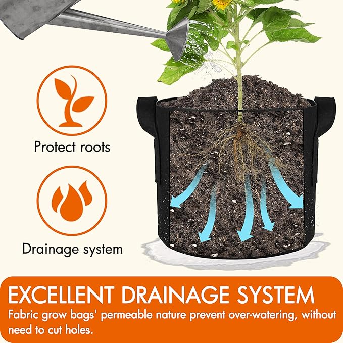 Gardzen 10-Pack 7 Gallon Grow Bags, 300G Thickened Aeration Fabric Pots with Handles, Heavy Duty Cloth Pots for Plants