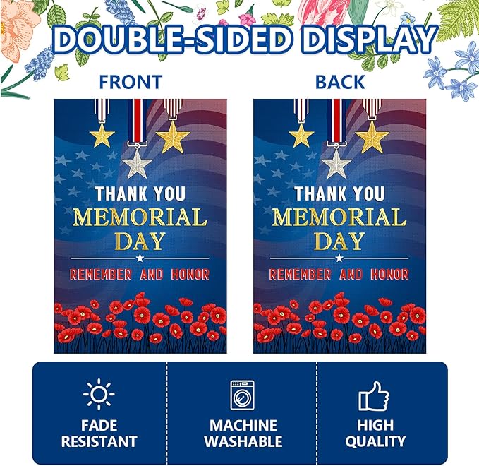 Memorial Day Garden Flag 12x18 Inch, Remember and Honor Patriotic Double Sided Flag for Yard Outdoor Decoration