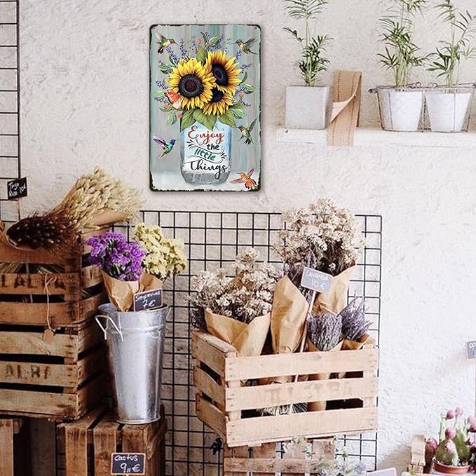 Sunflower Metal Tin Signs Hummingbird Metal Wall Decor Enjoy The Little Things Tin Sign Metal Art For Kitchen Hummingbirds Decor For Bathroom Vintage Sunflowers Tin Sign Wall Decor Gift 8x12 Inch