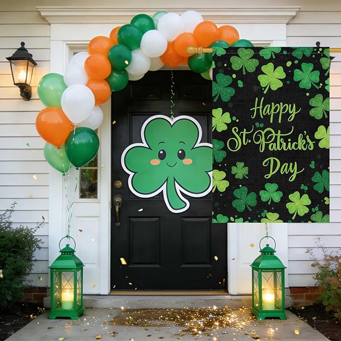 Louise Maelys Happy St Patrick's Day Garden Flag Clover Shamrock Welcome 28x40 Inch Double Sided Large Burlap Saint Patricks Spring Holiday Yard Outdoor Outside House Decor