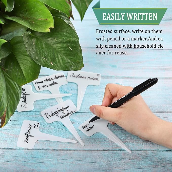 Whaline 100 Pcs Plastic Plant Labels White T-Type Garden Stake Tags Waterproof Plant Markers Reusable Plant Signs for Outdoor Indoor Nursery Potted Plants Seed with A Black Marker Pen (6 x 10 cm)