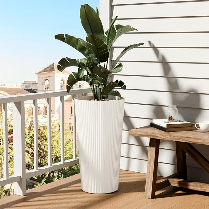 FONTOI 23.6" Tall Planter for Outdoor Plants Set of 2 Large Outdoor Plastic Striped Flower Pots, Front Porch Furniture, Garden Pots, Decorative Planters for Indoor/Outdoor, Patio, Balcony, White