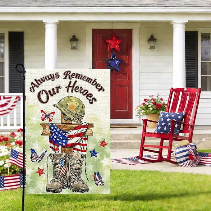 Memorial Day Garden Flag 12x18 Inch, Always Remember Our Heroes Double Sided Patriotic Flag for Yard Outdoor Decoration