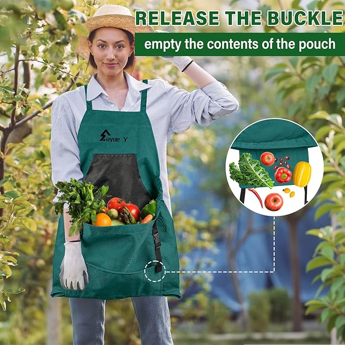 Garden Apron, Gardening Apron with Pockets for Women Men, Canvas Cross Back Harvest Aprons with & Internal Drawstring Bag
