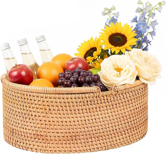 Handwoven Rattan Picnic Basket Sturdy Handles, Oval Storage Organizer for Camping, Wedding, Home, Kitchen(15"×13"×7")