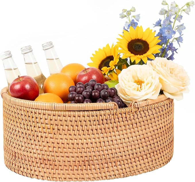 Handwoven Rattan Picnic Basket Sturdy Handles, Oval Storage Organizer for Camping, Wedding, Home, Kitchen(12.6"×9.1"×4")