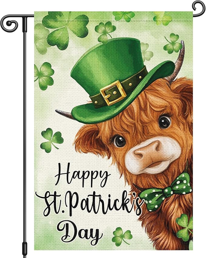 Louise Maelys Happy St Patrick's Day Garden Flag Highland Cow Clover Shamrock 12x18 Inch Double Sided Welcome Small Burlap Saint Patricks Spring Holiday Yard Outdoor Outside House Decor