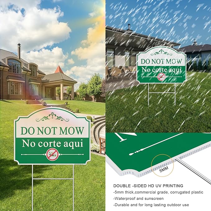 Do Not Mow Yard Sign, Bilingual Plant Garden Sign in English and Spanish, 2 Pack 12.6" x 9.5" No Mowing Outdoor Lawn Sign. Double Sided with Metal Stakes, UV Protected, Weatherproof, Easy to Mount.