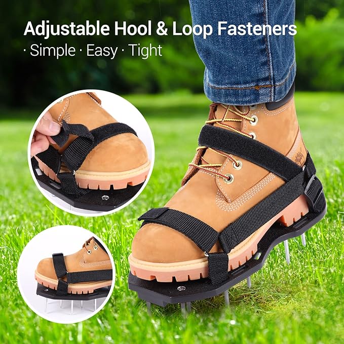 Ohuhu Lawn Aerator Shoes with Stainless Steel Shovel, Free-Installation Aerating Shoe with Hook&Loop Straps, Heavy Duty One-Size-Fits-All Spiked Aerating Sandals for Garden Grass