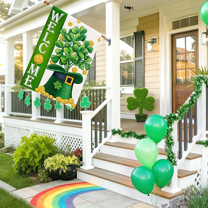 Welcome St Patricks Day House Flags Burlap 28x48 Double Sided, Green Hat Lucky Shamrocks Gold Coin Holiday Party Sign Large Flag Yard Outdoor Decor DF658-28