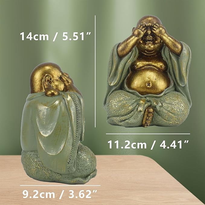 Laughing Buddha Statue - Gold Small Buddha Statues with Three Color Clothes for Home Decor (No See, No Speak, No Hear) - House Decor, Meditation & Feng Shui Gift (5.5 * 4.7 * 6.7")(Green)