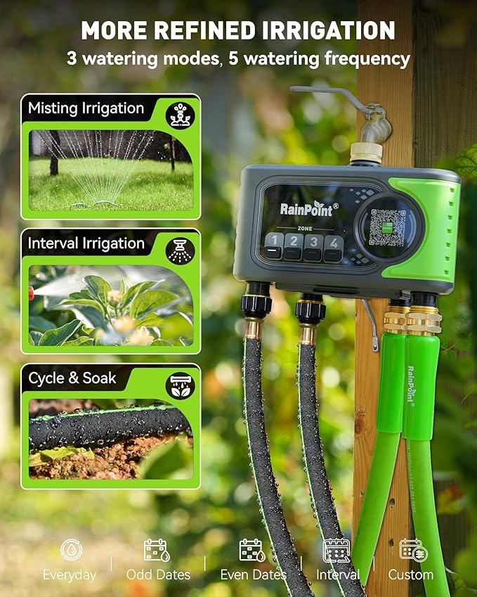 RAINPOINT WiFi Sprinkler Timer 4 Zone, Outdoor Smart Water Timer for Garden Hose with Brass Inlet&Outlet, Custom Programs via APP/Voice Control for Automatic Watering System Without Hub