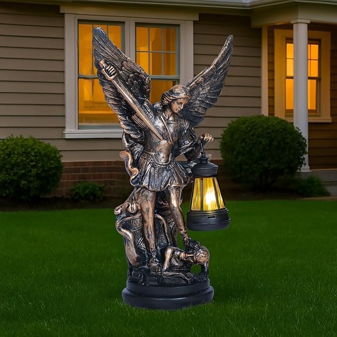 St Michael The Archangel Solar Outdoor Garden Decor Statues–12 in Miguel Arcangel Statue Solar Outdoor Sculptures for Outside Yard Patio Balcony Front Lawn Decor