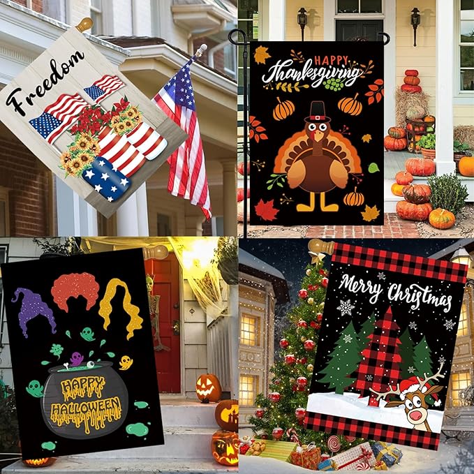 Seasonal Garden Flags Set of 12 Double Sided 28 x 40 Inch Yard Flags, Large House Flags for Outside, Fall Winter Halloween Christmas Outdoor Flags, Holiday Garden Flags for All Seasons