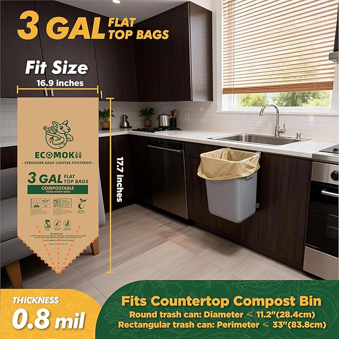 EcoMokii Compostable Trash Bags 3 Gallon, 120 Count, Extra Thick 0.8 Mil Small Compost Bags for Kitchen Countertop Bin, Unscent Food Scrap Bag Certified by BPI & OK Compost Home