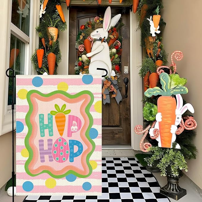 Easter Garden Flag Double Sided 12x18 inch, Hip Hop Bunny Decorative Yard Outdoor Home Small Decor, Stripes Polka Dots Farmhouse Burlap Outside House Decoration Spring Holiday Decor