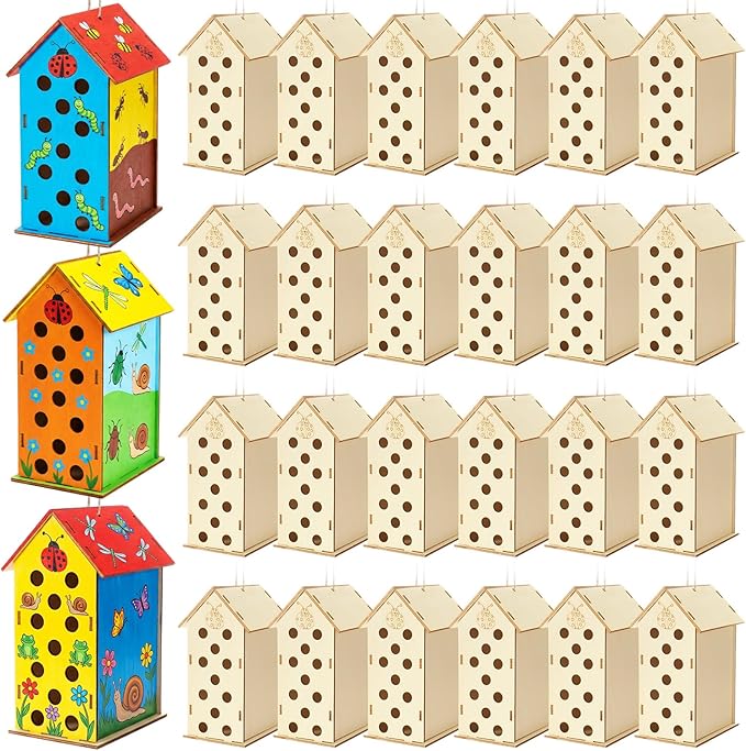 DoubleFill 24 Pack Wood Ladybirds House Painting Crafts Kits My First Ladybugs House DIY Art Craft Kit with Hemp Rope DIY Cedar Wooden Birdhouse for Building Bee Butterfly Habitat, No Paint