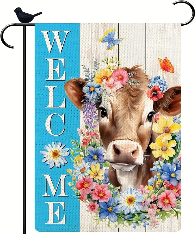 Spring Welcome Cow Garden Flag 12 x 18 inch Double Sided Outside decorations,Funny Cute Animal Small Garden Flags For Outdoor Yard Lawn