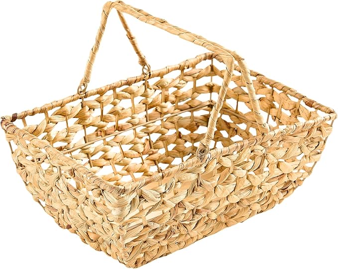 Wicker Picnic Basket with Handles, Wicker Baskets with Wooden Base for Picnic, Camping & Storage Basket