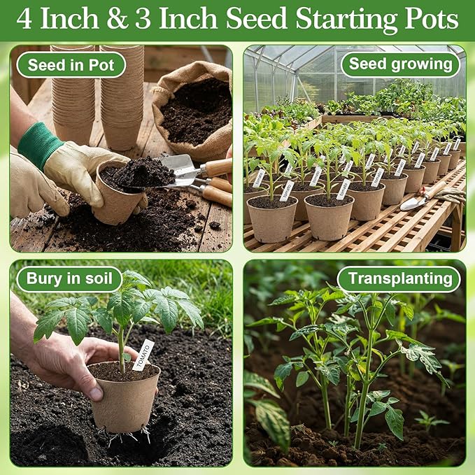 150 Pack Peat Pots for Seedlings 100 4-inch & 50 3.15-inch Round Biodegradable Seed Starter Pots with Drainage Holes for Garden Germination Nursery, Includes 150 Plant Labels & Planting Tools