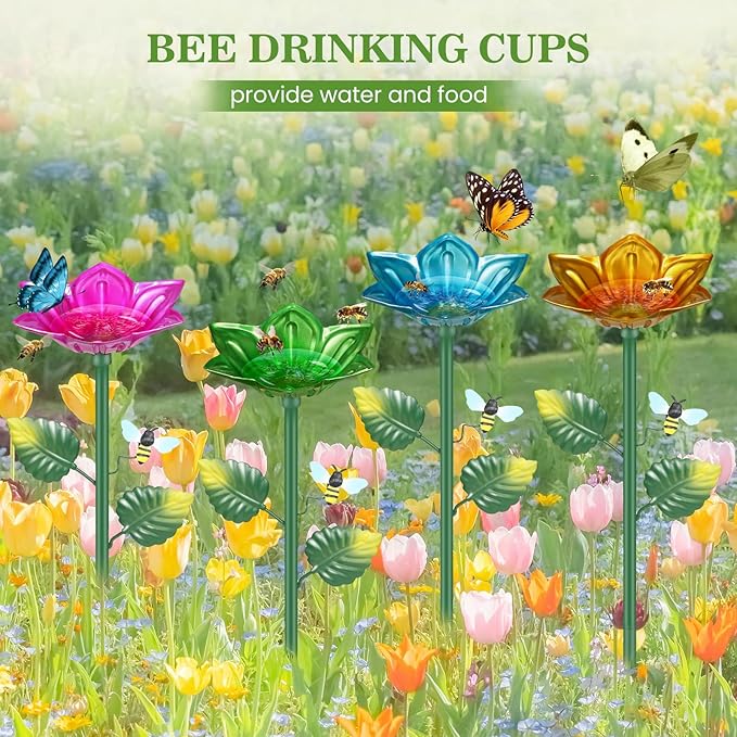 4 Pack Bee Watering Station Metal Butterfly Bee Water Feeder Cup, Maansfy Vivid Flower Butterfly Bath Bowl Bee Watering Cups for Thirsty Pollinators Outdoor Garden Yard Decor