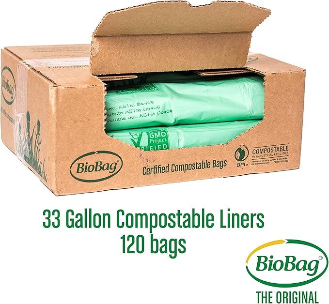 BioBag (USA) The Original Compostable Bag, 33 Gallon, 120 Count, 100% Certified Compostable Trash Bag Liners for Food Waste, Extra Strong and Durable, Trash Bag