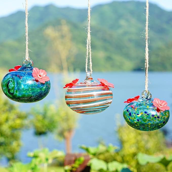 3PCS Small Glass Hummingbird Feeders for Outdoors 3inch Hand Blown Glass Humming Bird Feeder for Window Hanging Ant and Bee Proof Humming Birds Feeders