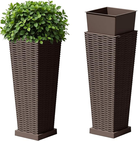 Devoko Resin Tall Planters with Tray for Outdoor Plants Set of 2, Large Taper Outdoor Planter Pots with 4 Drainage Holes, Flower Pots Modern Decor for Porch, Patio, Backyard, Garden(Brown, 24")