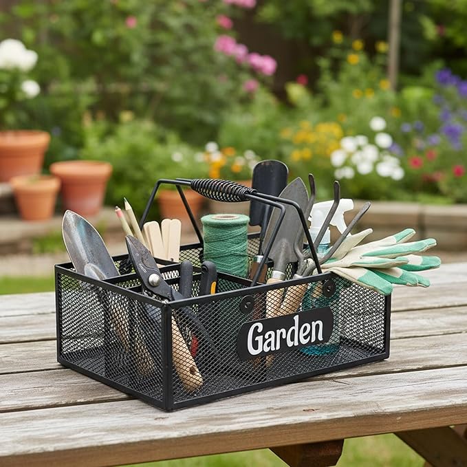 Garden Tool Storage, 4 Compartments Metal Mesh Garden Caddy, Portable Garden Basket with Handles, Gardening Tool Organizer for Indoor and Outdoor, Gardener Gift for Gardening Lovers, Black