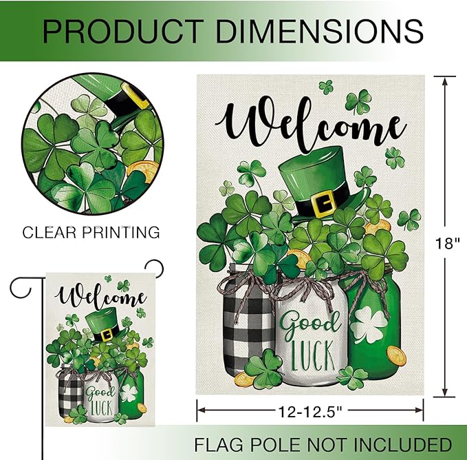 Hzppyz Welcome St Patricks Day Garden Flag Double Sided, Lucky Shamrock Clover Mason Jar Decorative Yard Outdoor Home Small Decor, Irish Spring Top Hat Gold Coin Burlap Outside House Decoration 12x18