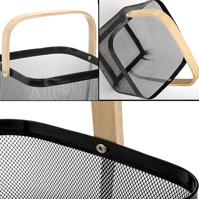 ZEAYEA Mesh Steel Fruit Basket Bin with Handle, Multi-functional Hanging Storage Organizer Garden Harvest Basket, Metal Wire Kitchen Basket for Cabinet, Pantry, Bathroom, Picnic, Home Decor, Black
