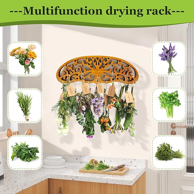 Rustic Herb Drying Rack Hanging,Wooden Tree of Life Dried Herb Flowers Rack Wall Art,Home Kitchen Witch Decor Wall Flowers Grass Gift,with 11 Hooks and 25 Gift Cards & 40 Inch Twine