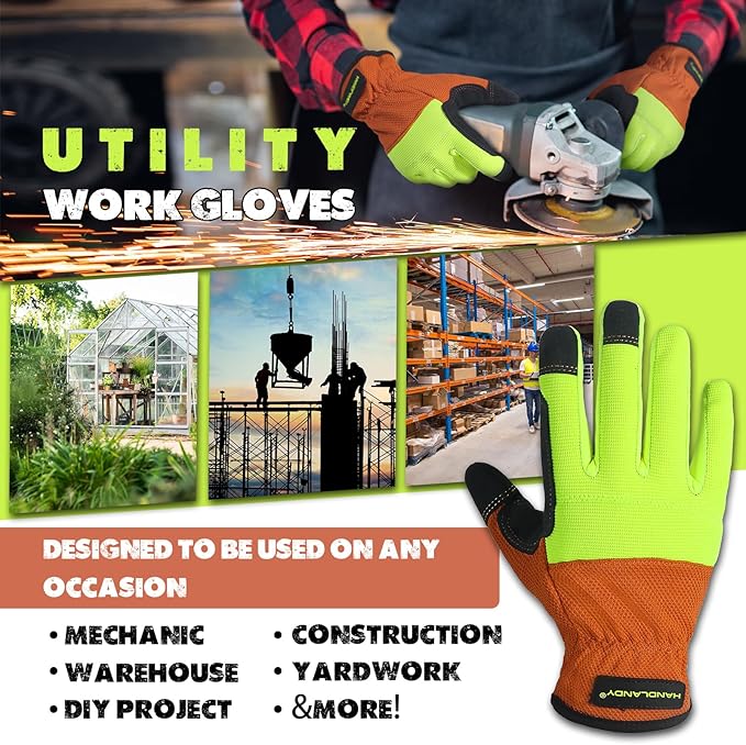 HANDLANDY Work Gloves for Men & Women, Utility Mechanic Working Gloves Touch Screen, Flexible Gardening Gloves for Yard