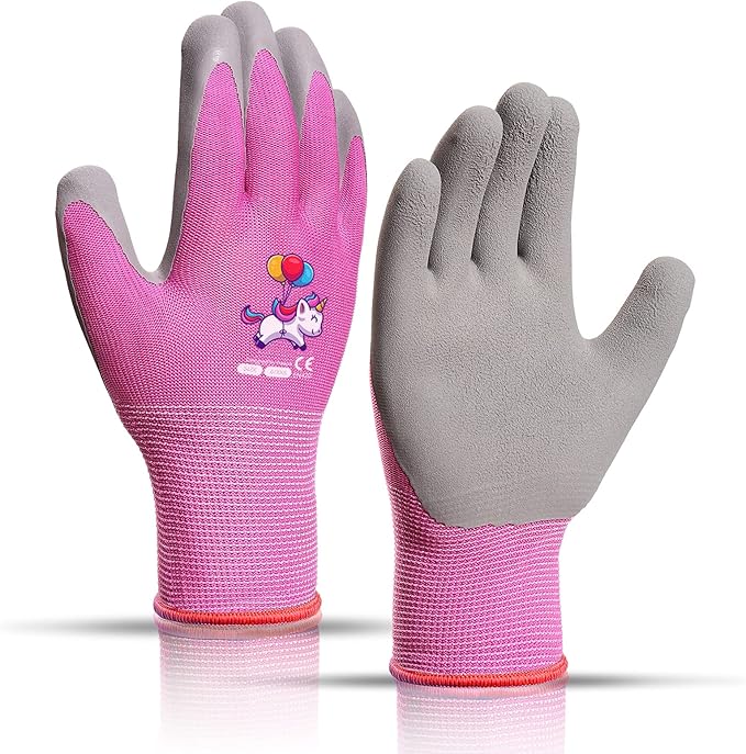 Ages 3-5 Kids Gardening Gloves,Yard Work Gloves for Toddlers, Youth, Girls, Boys, Childrens, Soft Safety Rubber Gloves (XXXS Age 3-5, 1 Pair Pink Unicorn)