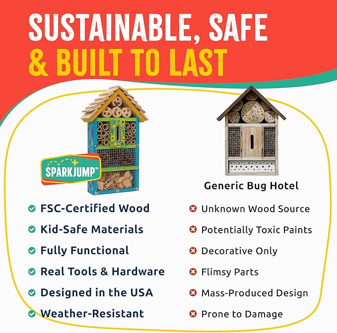 SparkJump Premium Bug Hotel Kit for Kids – Easy Wood Craft Kits for Children, Lady Bug House for Garden with Tools, Paints & Glue, Fun Birthday Gifts for Girls and Boys