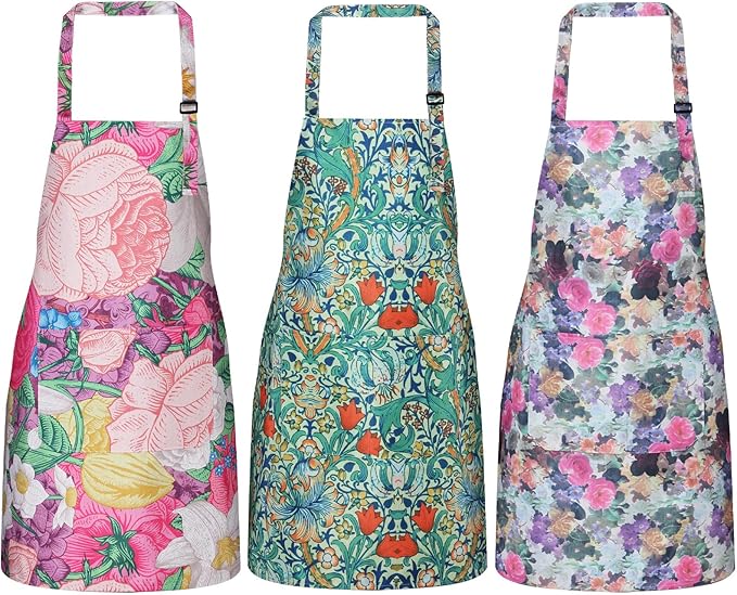 3 Pack Waterproof Floral Aprons for Women, Adjustable Strap Apronwith Pocket Multi-Use for Kitchen, Art, Garden