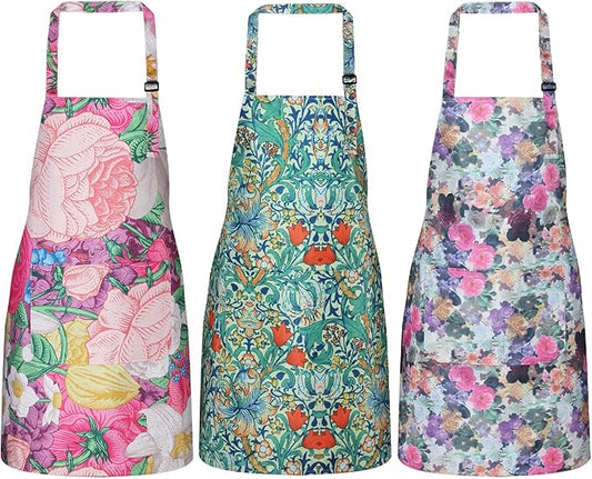 3 Pack Waterproof Floral Aprons for Women, Adjustable Strap Apronwith Pocket Multi-Use for Kitchen, Art, Garden