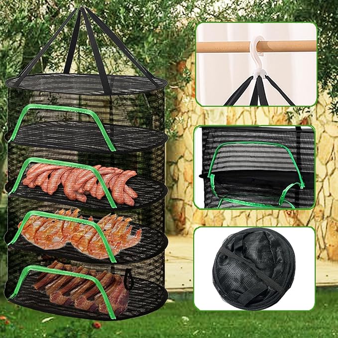 Herb Drying Rack 4 Layer Hanging Design with Green Zippers for Dehydrating, Indoor and Outdoor Pruning Shears Included Plants, Seeds, Buds Outdoor, Hydroponics (Black)