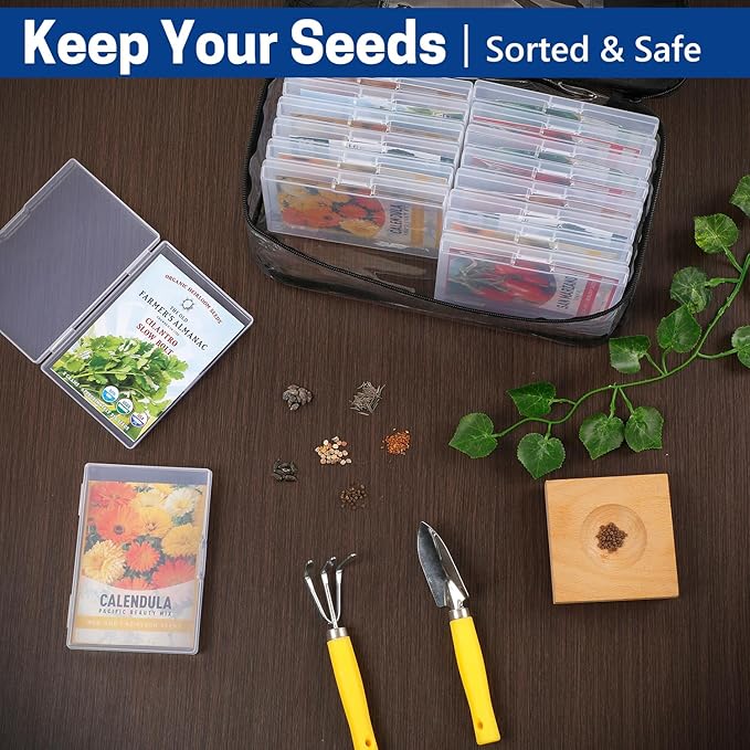 16 Slots Seed Storage Organizer Box with Clear Zipper Bag, Garden Seed Containers for Flower Vegetable Plants, Photo & Card Storage Case
