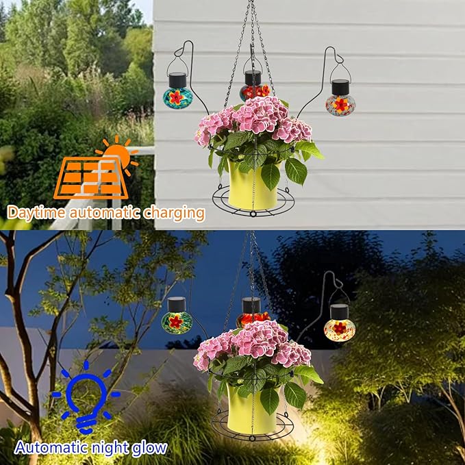 Solar Hummingbird Feeder with Hanging Planter - 3 Glass Balls, Solar Lights, Bee Resistant & Leakproof Design, Outdoor Garden Decor Gift for Bird Lovers