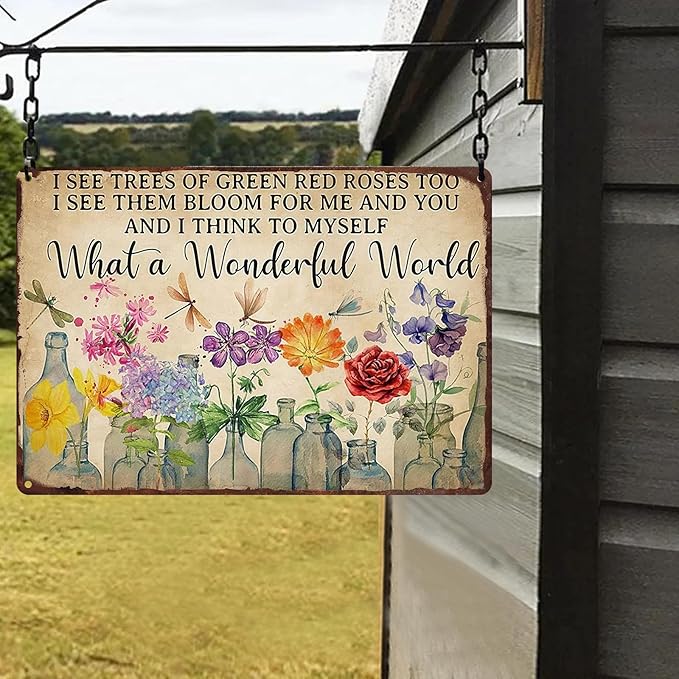 Gardening Sign What A Wonderful World Vintage Flower Tin Plate Sign for Outdoor Garden Greenhouse Yard 8x12 Inch