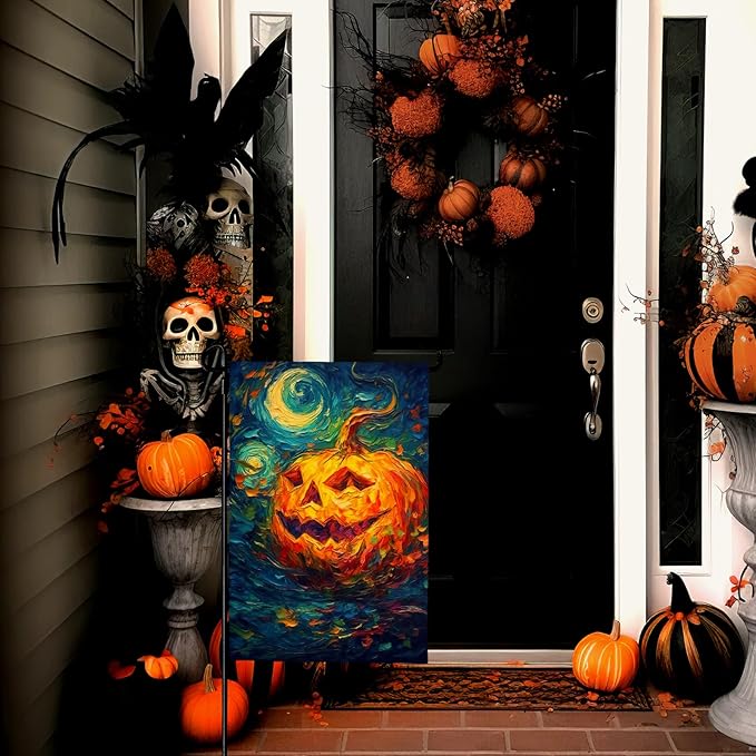 Halloween Garden Flag Pumpkin Garden Flag Custom Personalized Funny Garden Flags Arts Starry Night Sky Moon Yard Flag Double Sided Fall Porch Patio Farmhouse Outdoor Yard Decorative 12x18 Inch