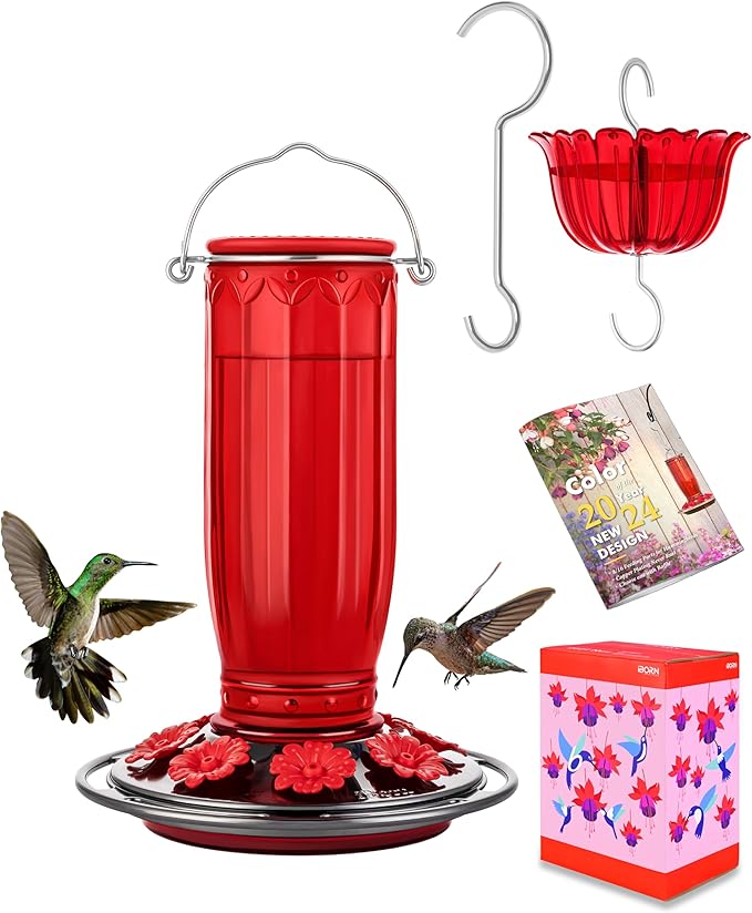 iBorn Glass Hummingbird Feeder for Outdoors Hanging Ant and Bee Proof Ant Moat for Hummingbird Feeder 8 Ports for 16oz Hummingbird Nectar, Brushed Black Nickle Cover Red Glass, Pack of 1, 2024 New